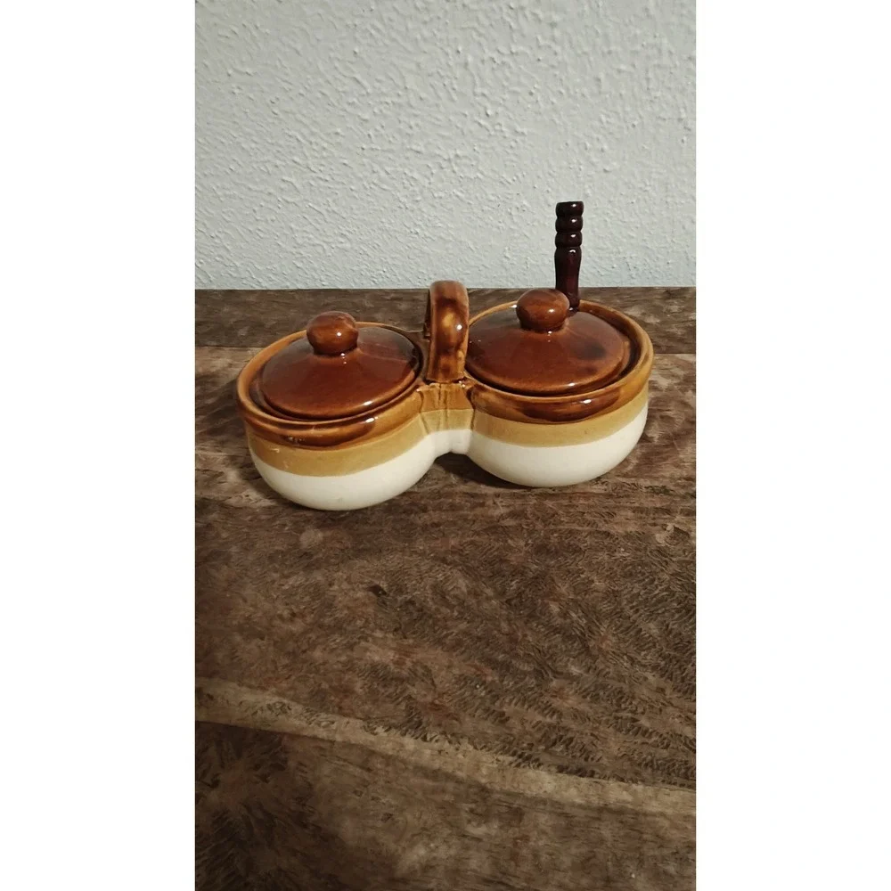 Vintage Pottery Stoneware Crock Relish Condiment Set With Lids & Original Spoons